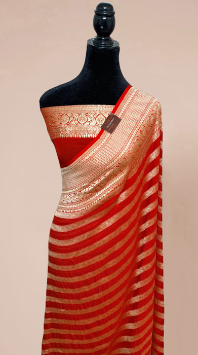 Red Khaddi Georgette Banarasi Handloom Saree - Water Zari