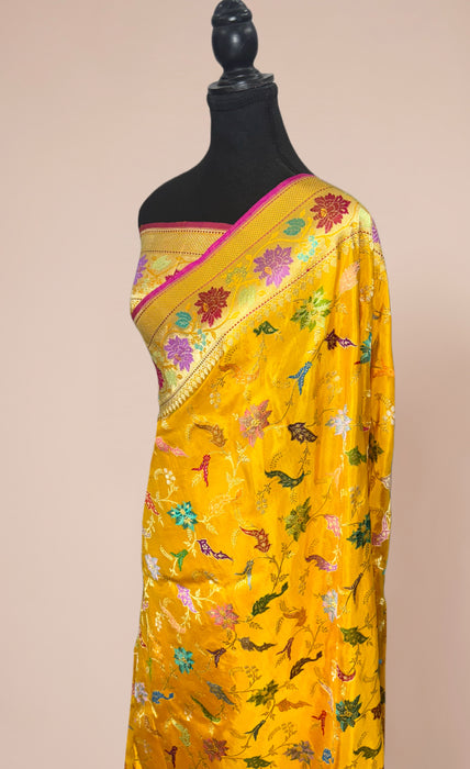 Yellow Ektara Pure Katan Silk Banarasi Handloom Saree - Kadhiyal Jangla with Tested Zari
