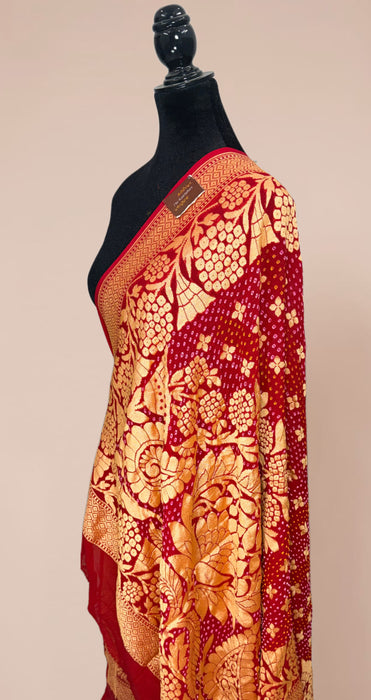 Red Pure Georgette Bandhani Banarasi Handloom Dupatta