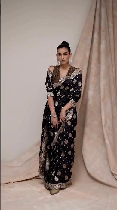 Black Pure Katan Banarasi Handloom Saree - Sona Roopa motifs