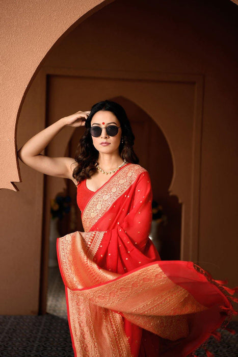 Crimson Red Khaddi Georgette Banarasi Handloom Saree - Gold Zari