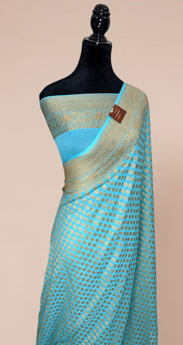Blue Pure Khaddi Georgette Banarasi Handloom Saree - Antique Zari