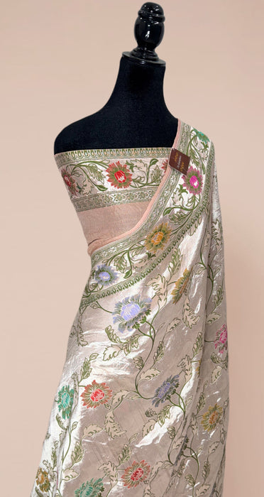 Light Peach Pure Tussar Georgette Banarasi Handloom Saree - Brocade Meenakari