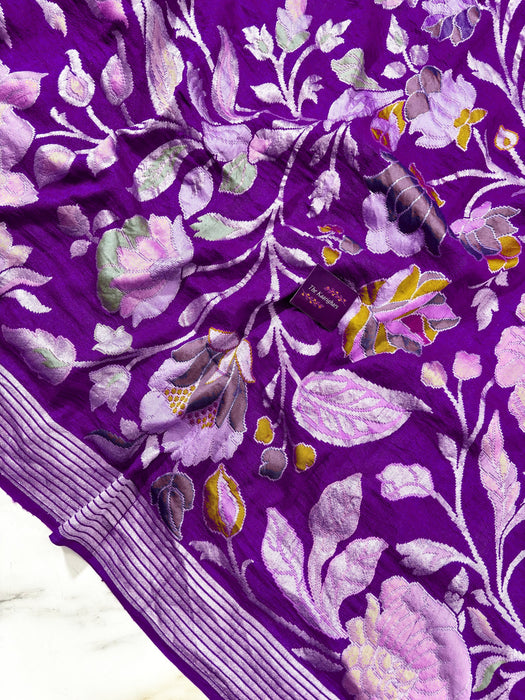 Purple Pure Tussar Georgette Banarasi Handloom Saree - Designer Meenakari