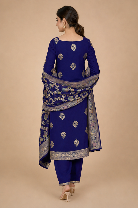 Navy Pure Khaddi Georgette Banarasi Suit - Hand filled Meenakari