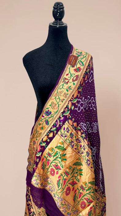 Wine Pure Georgette Bandhani Banarasi Handloom Dupatta