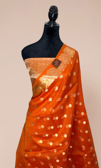 Orange Pure Kora Banarasi Handloom Saree - Meenakari Motifs
