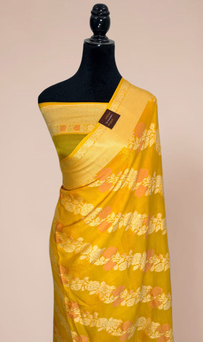 Italian Yellow Pure Khaddi Chiffon Banarasi Saree