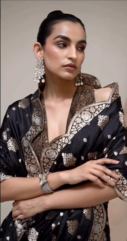 Black Pure Katan Banarasi Handloom Saree - Sona Roopa motifs