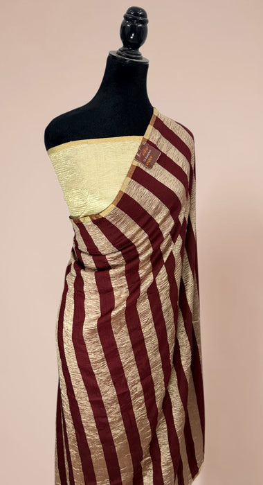 Brown Pure Banarasi Moonga Tissue Handloom Saree - Designer Work