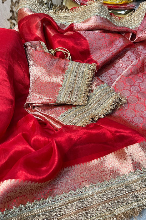 Red Pure Banarasi Tissue Handloom Saree - Designer Reshmi Zari