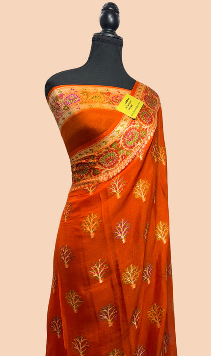 Italian Orange Pure Khaddi Chiffon Banarasi Saree - Meenakari Work