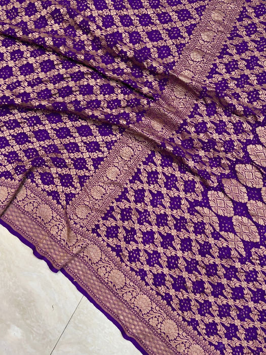 Purple Pure Khaddi Georgette Bandhani Banarasi Saree