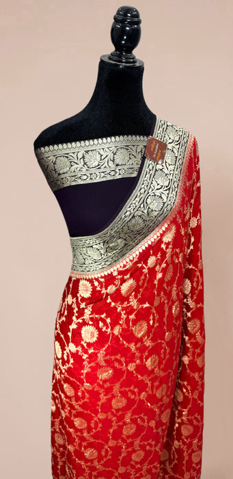 Red Khaddi Georgette Banarasi Handloom Saree - Water Zari Jaal
