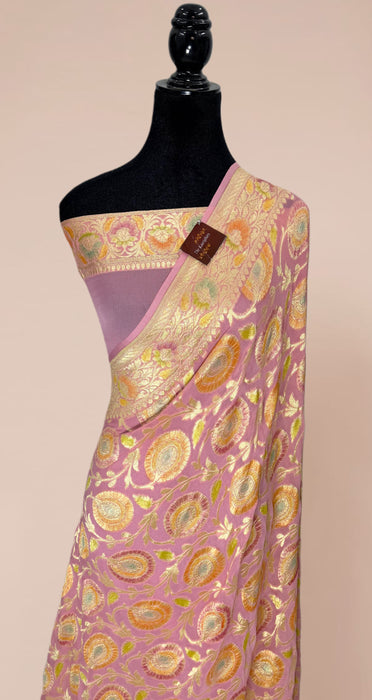 Indian Pink Pure Khaddi Georgette Banarasi Handloom Saree - Hand Filled Meenakari