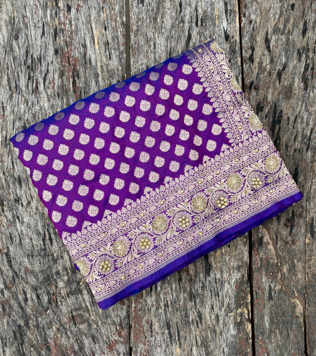 Purple Pure Katan Banarasi Handloom Saree - All over Hand Zardozi work