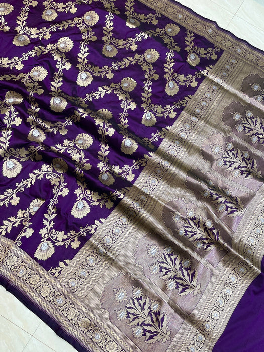 Purple Pure Katan Banarasi Handloom Saree - Sona Roopa Jaal Work