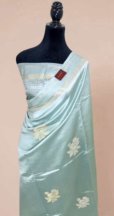 Powder Blue Pure Mango Katan Banarasi Handloom Saree