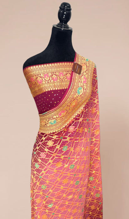 Handwoven Pink Pure Georgette Bandhani Banarasi Saree - Meenakari Work
