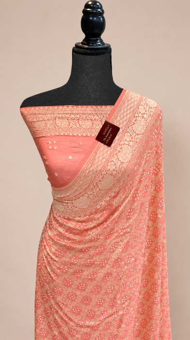 Peach Pure Khaddi Georgette Bandhani Banarasi Saree