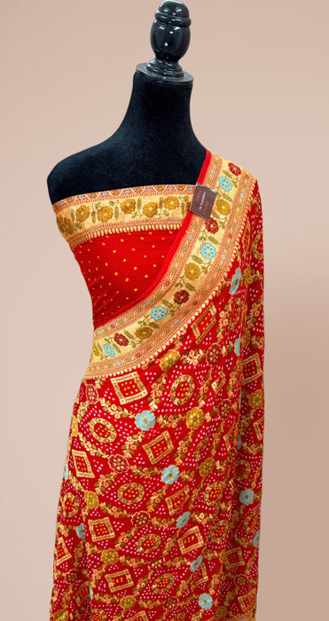 Handwoven Red Pure Georgette Bandhani Banarasi Saree - Meenakari Work