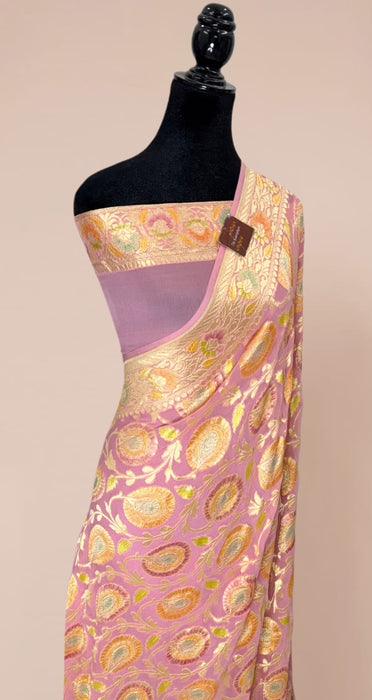 Indian Pink Pure Khaddi Georgette Banarasi Handloom Saree - Hand Filled Meenakari