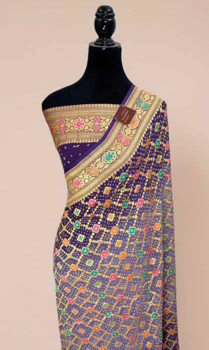 Handwoven Pure Georgette Bandhani Banarasi Saree - Meenakari Work