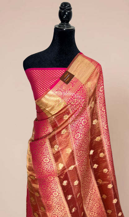 Deep Pink Pure Tissue Chiniya Banarasi Handloom Saree