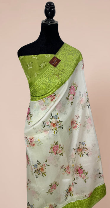 Offwhite and Green Pure Organza Banarasi Handloom Saree - Chikankari with Digital Print