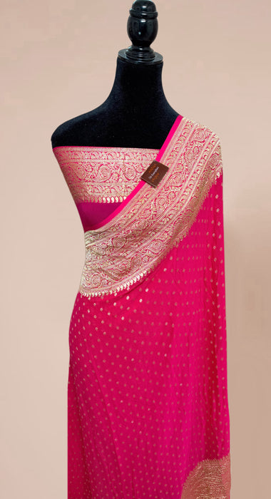 Hot Pink Khaddi Georgette Banarasi Handloom Saree - Water Zari