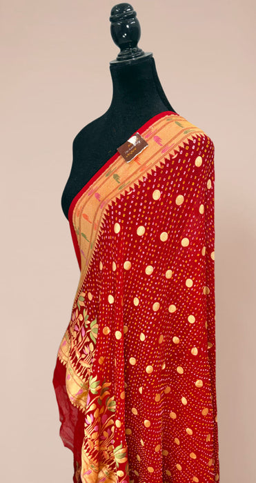 Red Pure Georgette Bandhani Banarasi Handloom Dupatta