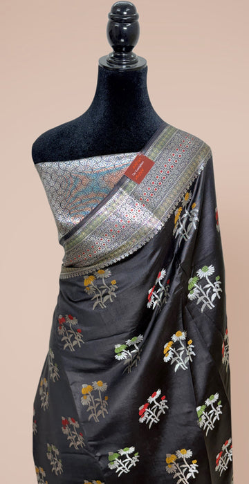 Black Pure Silk Banarasi Handloom Saree - Meenakari