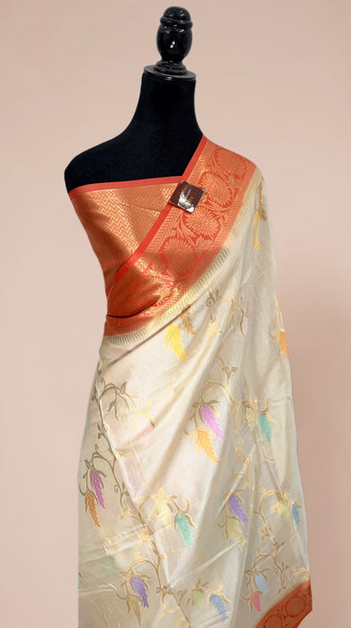 Off white Desi Tussar Banarasi Handloom Saree - Meenakari Jaal