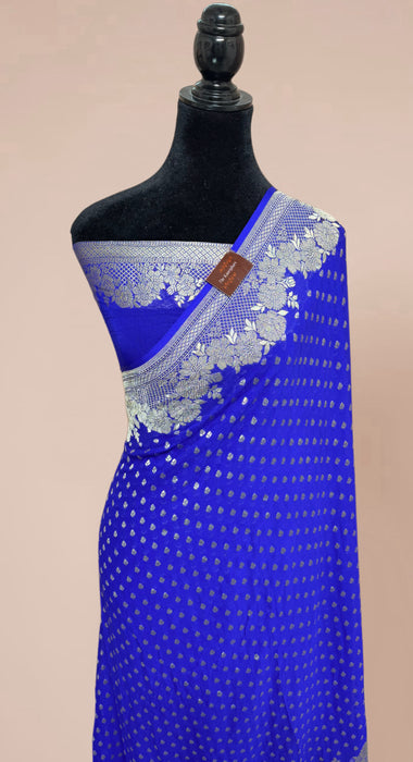 Royal Blue Khaddi Georgette Banarasi Handloom Saree - Water Zari