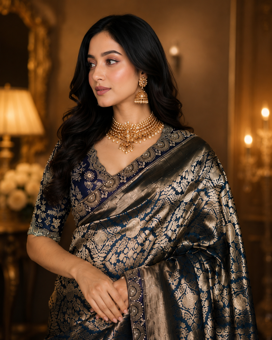 Midnight Pure Katan Silk Banarasi Handloom Saree - Brocade Tanchui