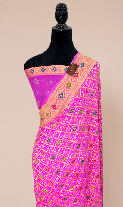Handwoven Hot Pink Pure Georgette Bandhani Banarasi Saree - Meenakari Work