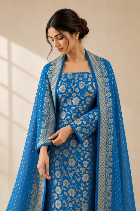 Blue Pure Khaddi Georgette Banarasi Suit