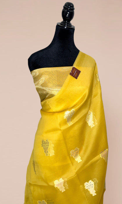 Yellow Pure Kora Banarasi Handloom Saree - Meenakari Motifs