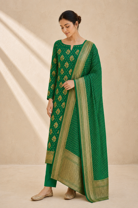 Green Pure Khaddi Georgette Banarasi Suit
