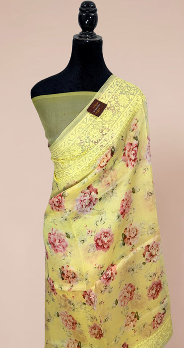 Pure Organza Banarasi Handloom Saree - Chikankari with Digital Print