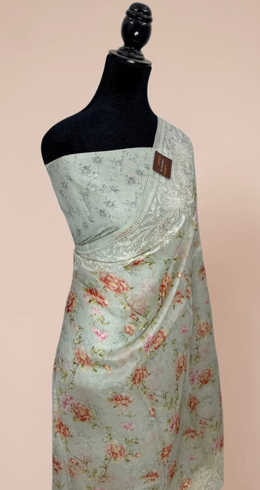 Gray Pure Organza Banarasi Handloom Saree - Chikankari with Digital Print