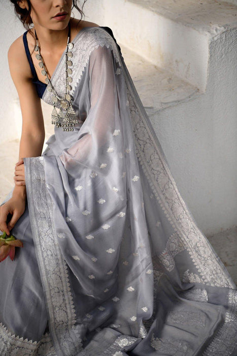 Gray Pure Kadhwa Chiffon Georgette Banarasi Saree - Silver Zari