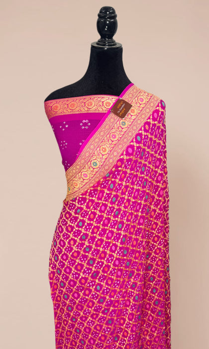 Handwoven Hot Pink Pure Georgette Bandhani Banarasi Saree - Meenakari Work