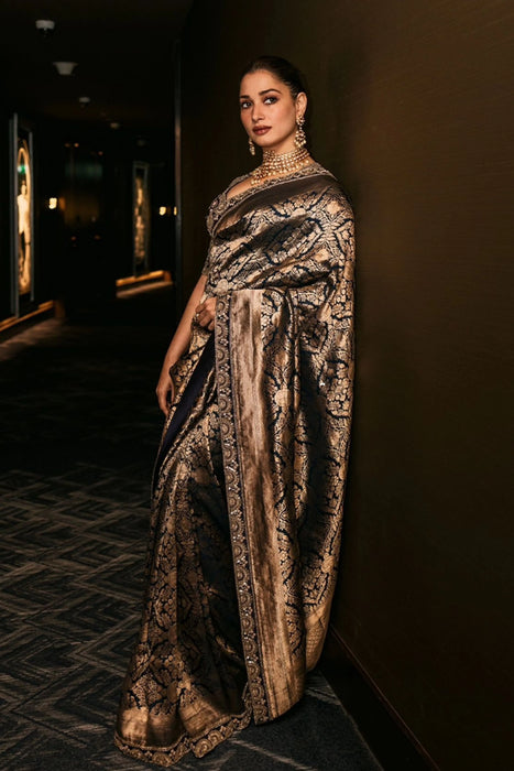 Tamanna Bhatia Midnight Pure Katan Silk Banarasi Handloom Saree - Brocade Tanchui