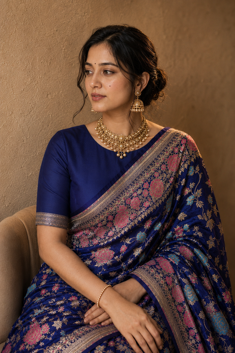 Navy Pure Katan Banarasi Handloom Saree - Tilfi Meenakari Work