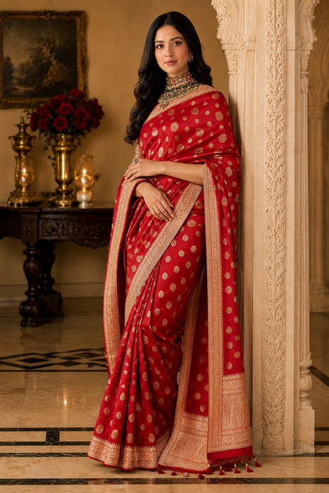 Red Pure Katan Silk Banarasi Handloom Saree - All over Motifs