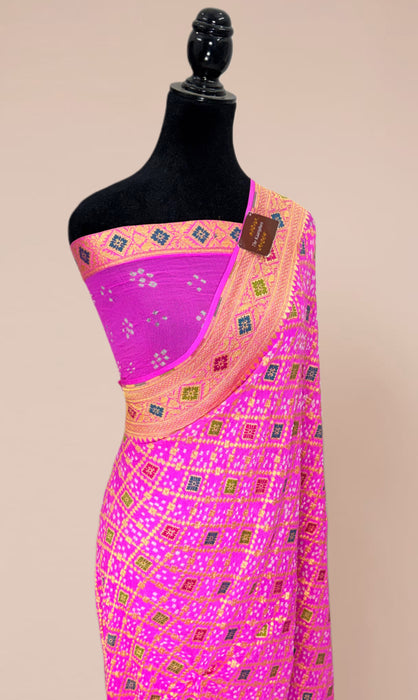 Handwoven Hot Pink Pure Georgette Bandhani Banarasi Saree - Meenakari Work