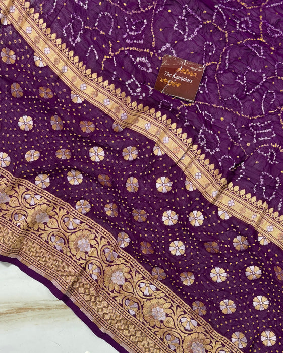 Handwoven Wine Pure Georgette Bandhani Banarasi Saree - All over Bandhani Work