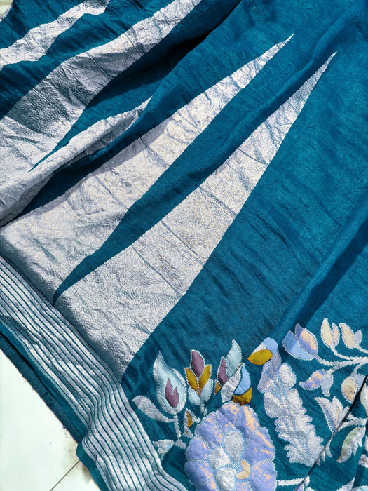 Persian Blue Pure Tussar Georgette Banarasi Handloom Saree - Designer Meenakari