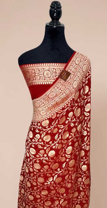 Maroon Khaddi Georgette Banarasi Handloom Saree - Water Zari Jaal